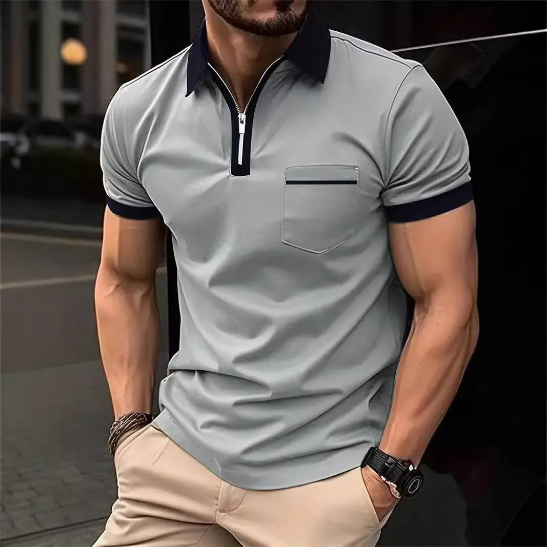 Men's casual short sleeve shirt with chest pocket and zipper decorations in chemical fibre blend fabric