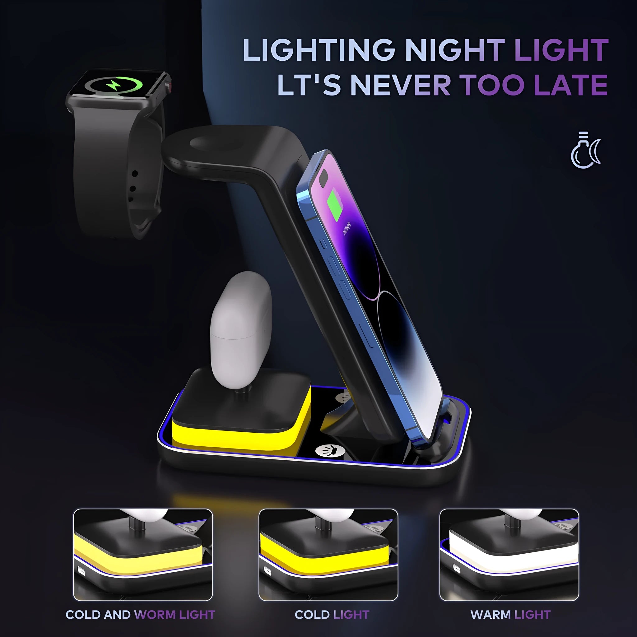 Black and white vertical wireless charging stand for mobile phone, smartwatch, and headset.