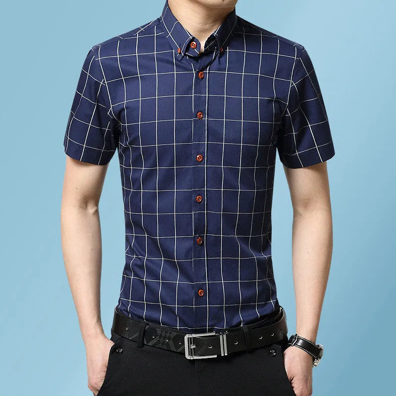 Men's red plaid short sleeve slim fit shirt with cotton blend fabric on a hanger