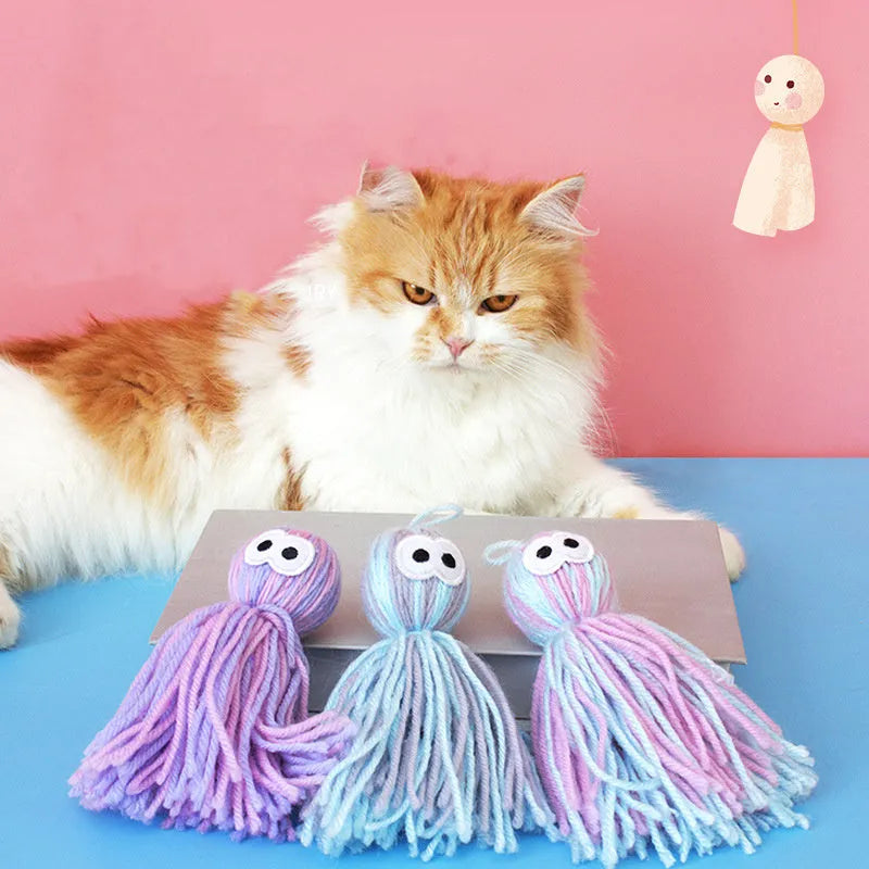 Cat toy set with blue grey wool ball and teaser stick for interactive play