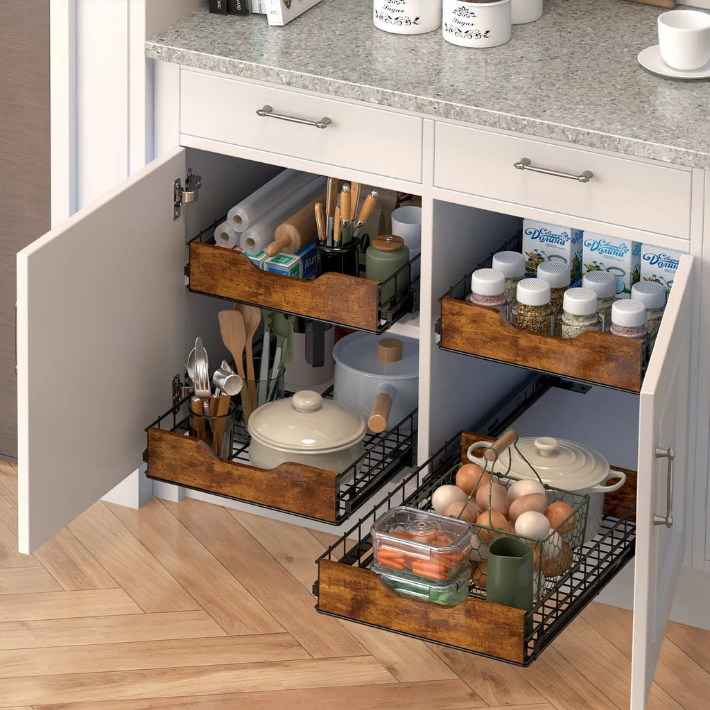 Black household storage rack with wood and iron construction and pull basket mechanism
