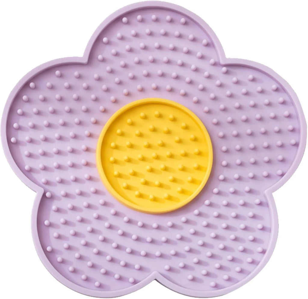 Flower-shaped silicone lick pad with suction cup for cats and dogs, available in five colours