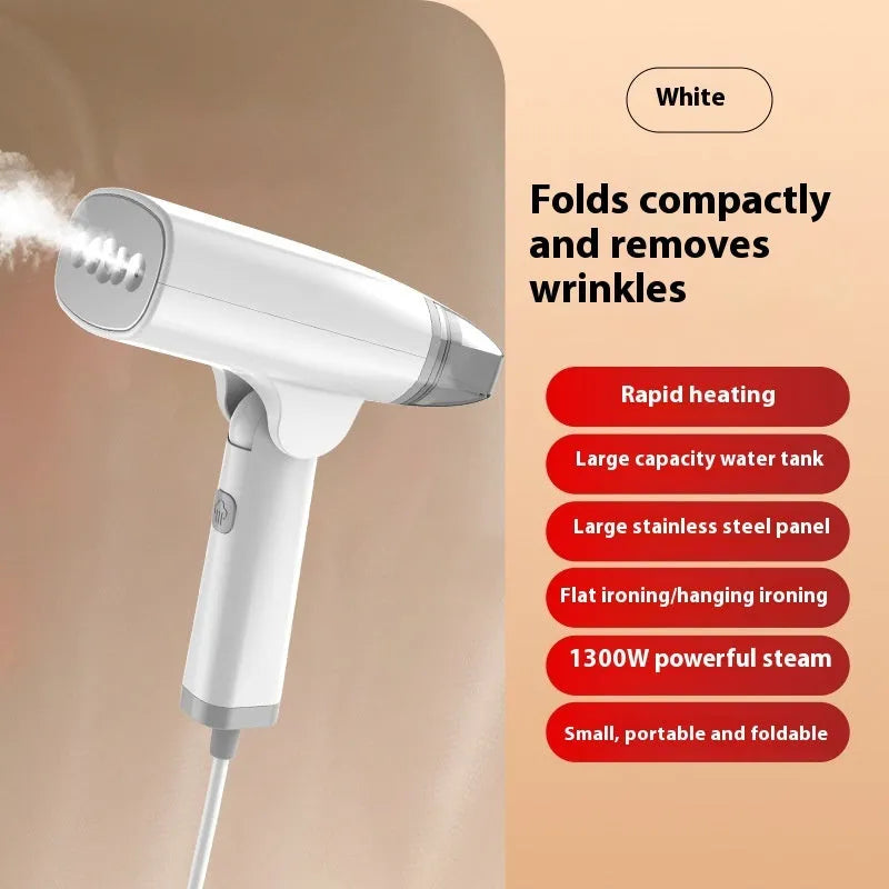 Blue and white handheld garment steamer with temperature control dial and compact 196mm design