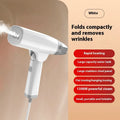 Blue and white handheld garment steamer with temperature control dial and compact 196mm design