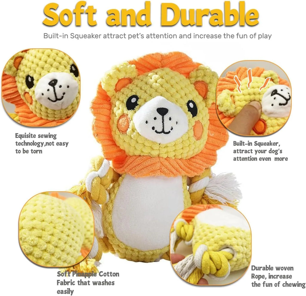 Stuffing-free squeaky plush dog toy bundle showing lion and monkey styles for medium to large dogs