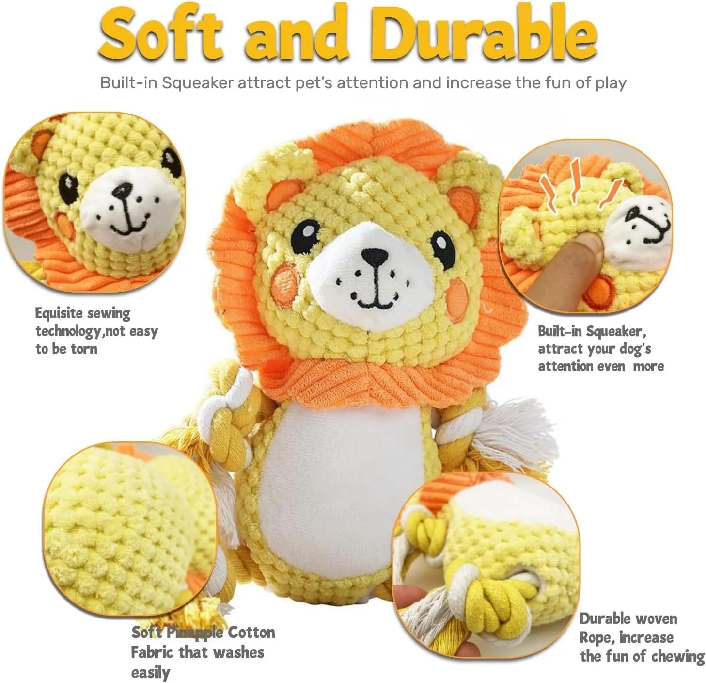 Stuffing-free squeaky plush dog toy bundle showing lion and monkey styles for medium to large dogs