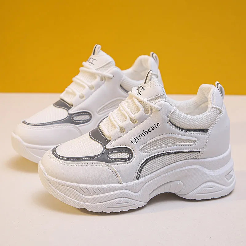 White mesh and PU dad sneakers with height-increasing platform sole and 6-8cm wedge heel