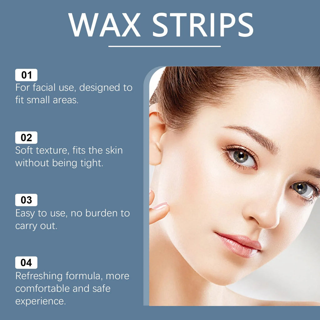 HANCHOBIT facial hair removal wax paper set with 20 wax strips and 10 wet wipes for upper lip, chin, cheeks, and eyebrows