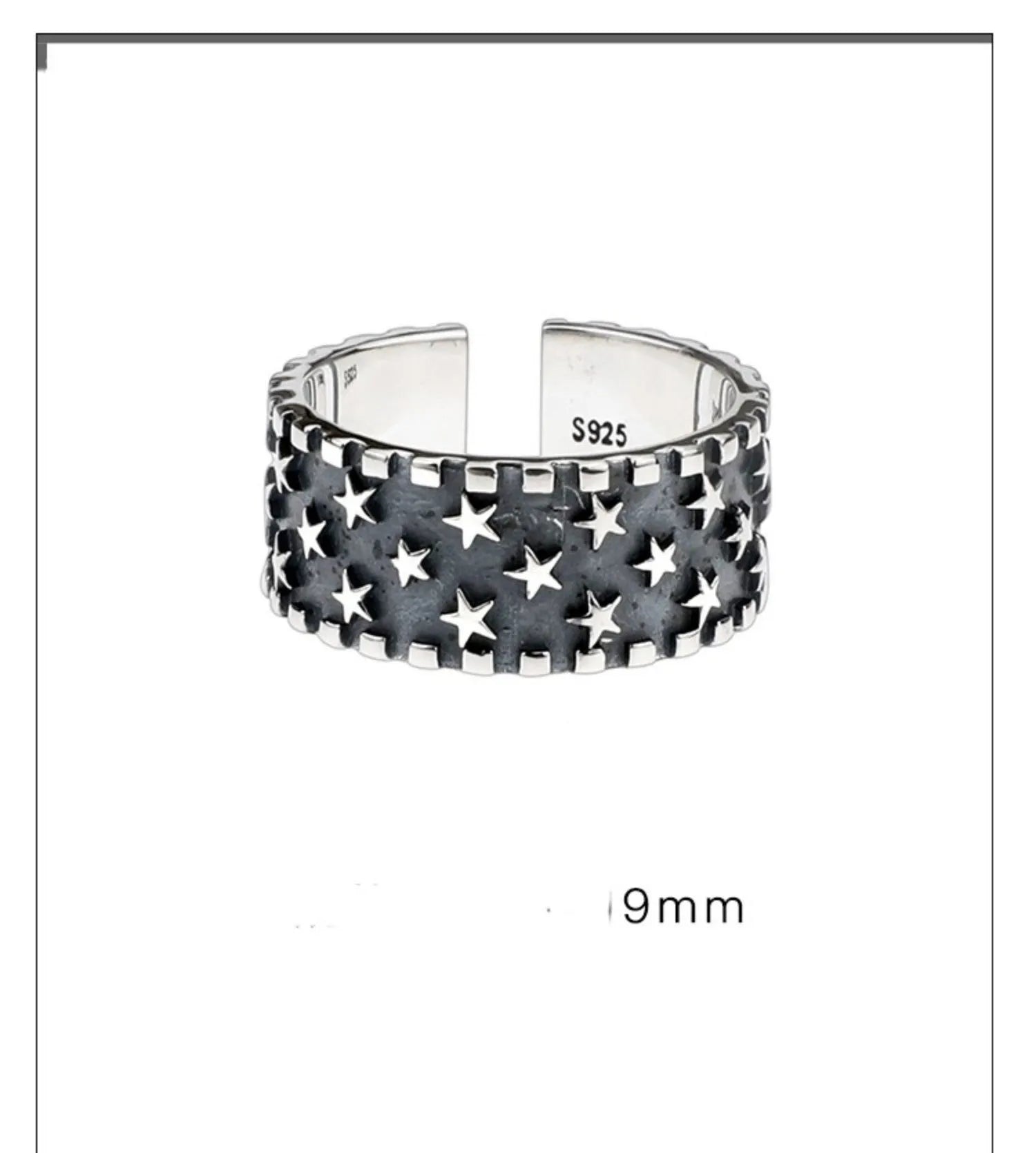 Adjustable open-band sterling silver ring with a raised five-pointed star geometric design.