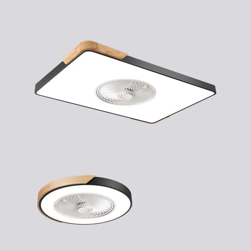 Nordic style solid wood ceiling fan with integrated light and PVC shade in rectangular, square and round designs.