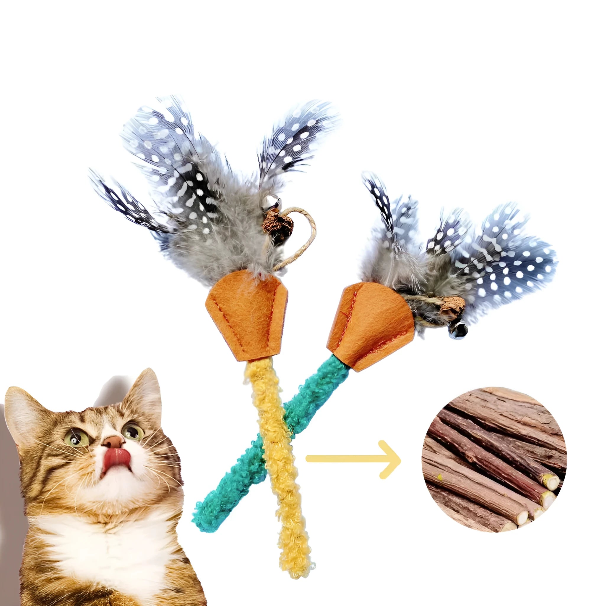 Green polygonum wood feather stick cat toy with gall fruit accent on white background