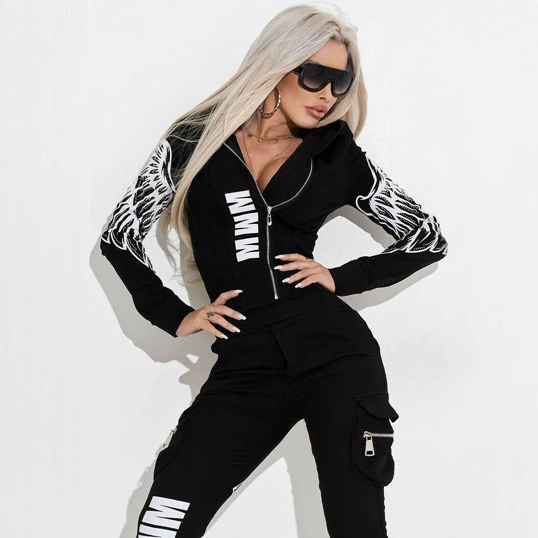 Women's black wings print streetwear suit with hooded jacket and matching trousers