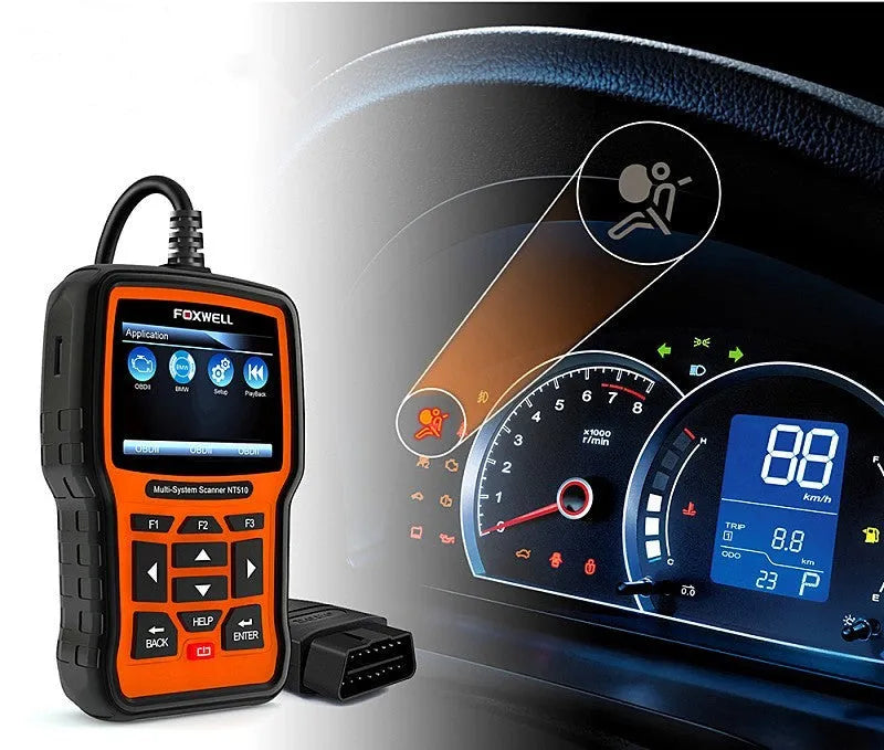 Foxwell NT510 orange and black automotive diagnostic tool with OBD2 scanner and TFT colour screen display