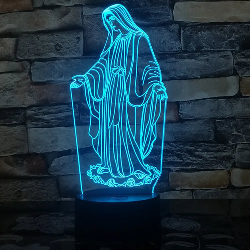 3D LED night light showing colourful dual ring pattern, with remote control and USB cable.