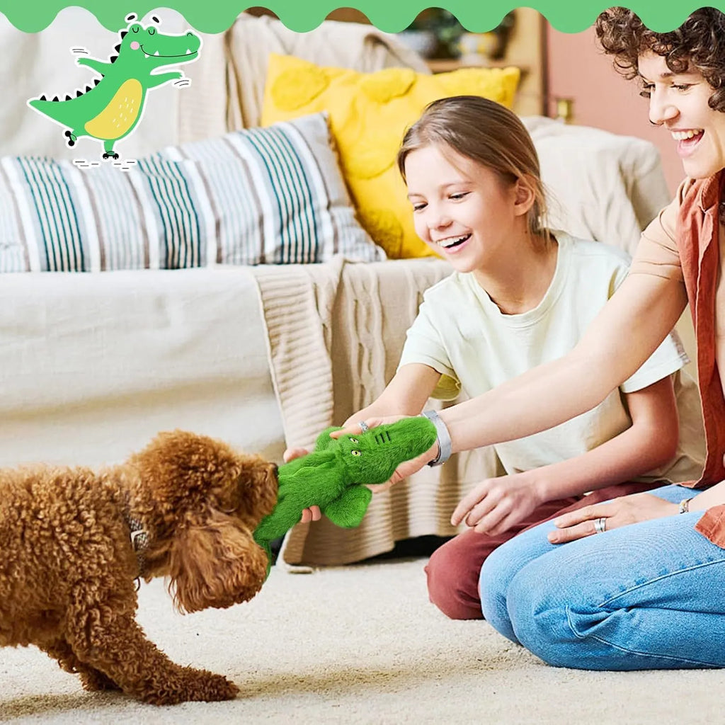 Green crocodile squeaky dog toy with crinkle tail for aggressive chewers