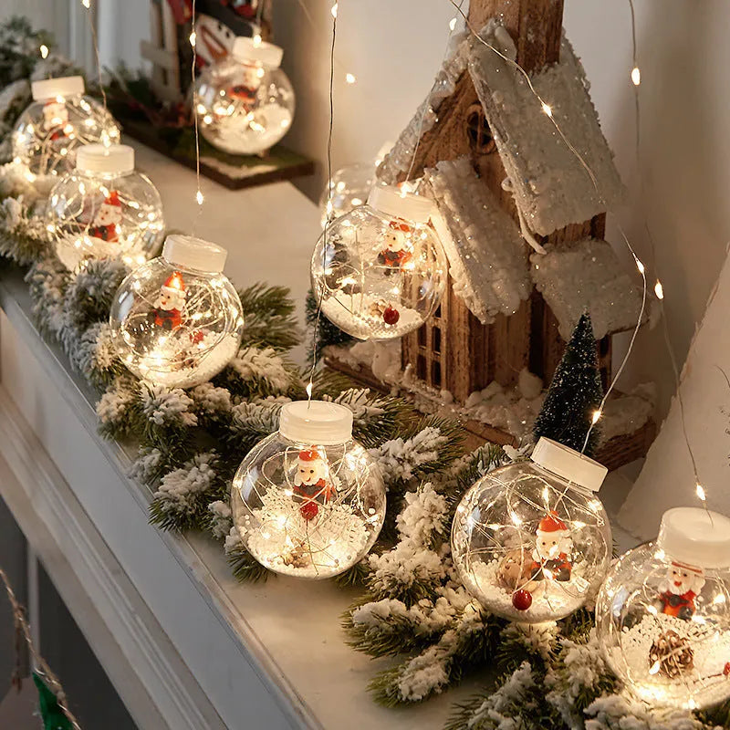 LED Christmas curtain lights with 10 fairy wishing ball lamps showing snowman, Christmas tree and elder designs
