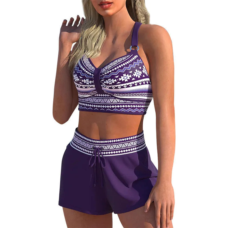 Women's two-piece polyester fibre hot spring swimsuit in Navy Blue with print pattern options