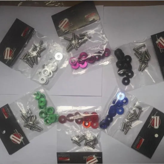 Ten car modification gasket screws with washers in eight colour options on a white background