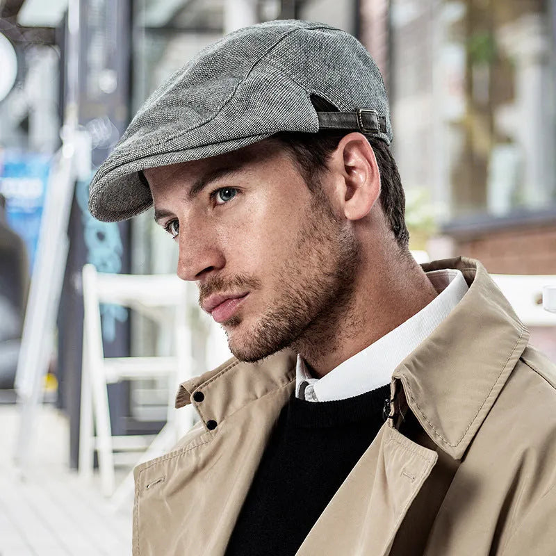 Men's pure colour cotton and linen beret in dome crown style, adjustable 55-58cm, available in black, brown, dark gray, light gray