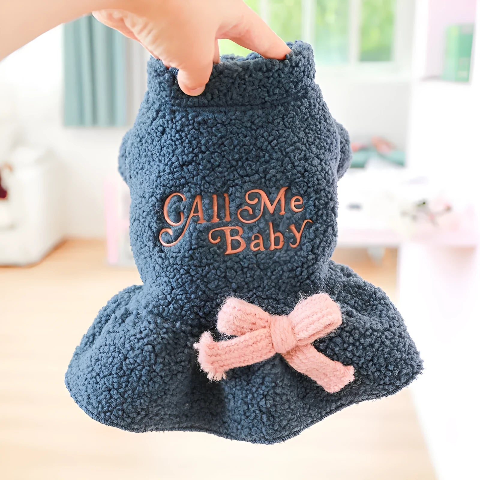 Pet clothing warm berber fleece skirt with letter print in pink and dark blue, sizes XS to XL