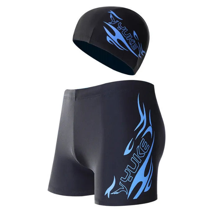 Men's plus size blue fire pattern boxer swimming trunks on a black background.