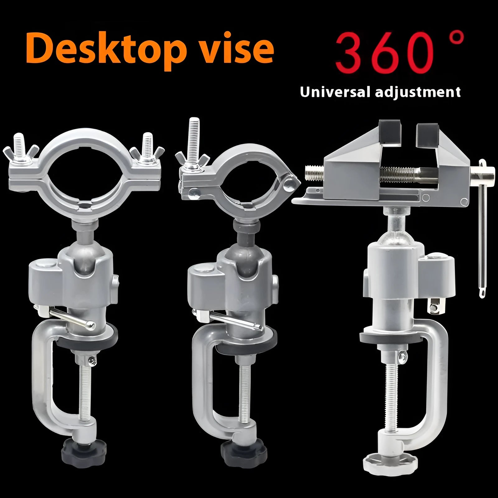 Clamp-on bench vise with 360-degree rotating head and tungsten steel pliers on a workbench.