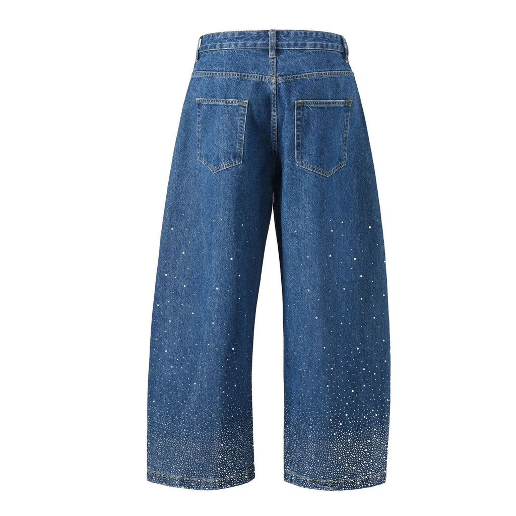 Blue loose-fit wide-leg cotton trousers for teenagers, pullover style, flat lay on neutral background