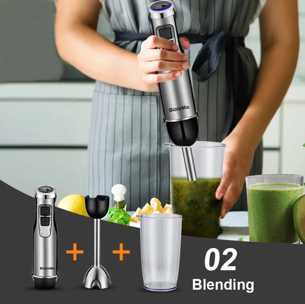 Biolomix silver 4-in-1 hand held immersion blender with stainless steel shaft and whisk on a kitchen counter