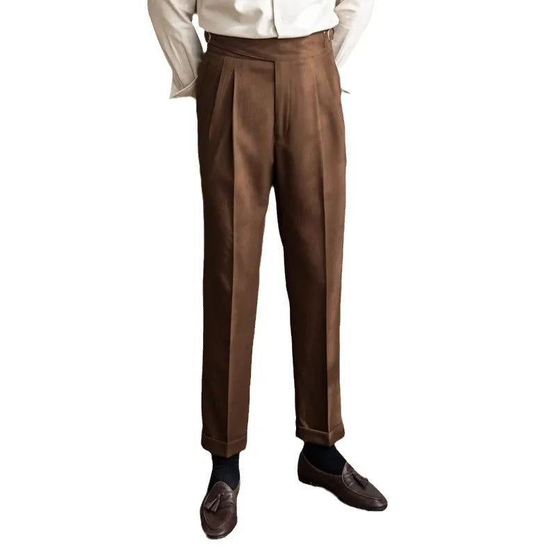 Men's high waist straight-leg casual trousers in black polyester fabric laid flat.