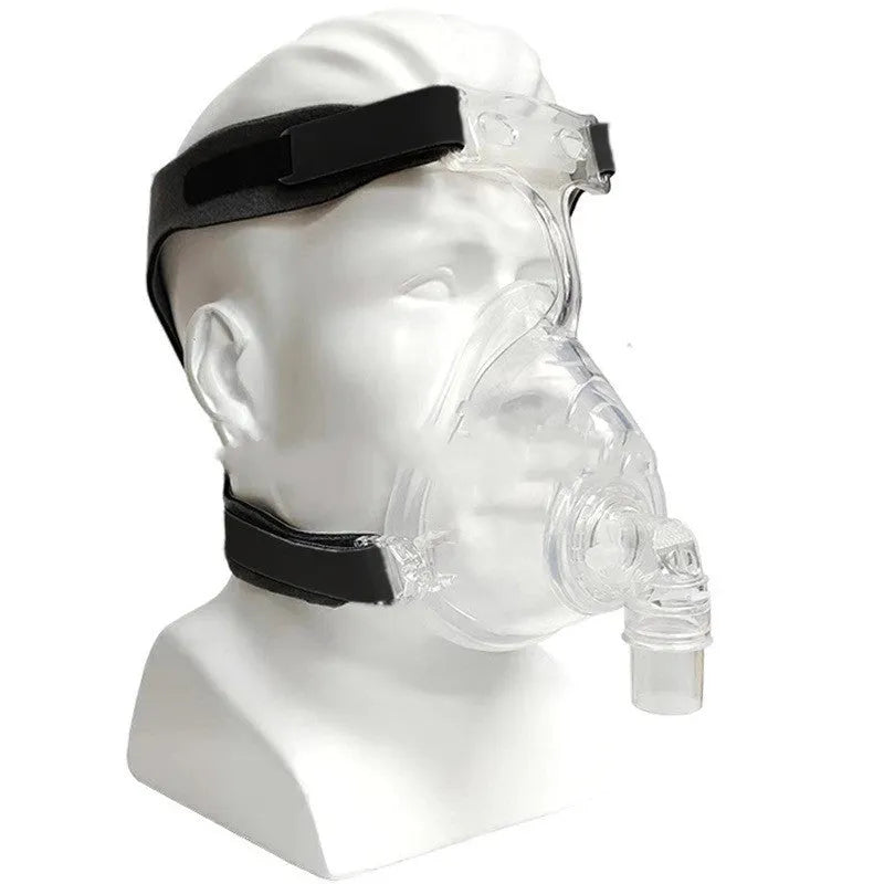Transparent CPAP breathing mask with silicone seal and complete ventilator accessories kit