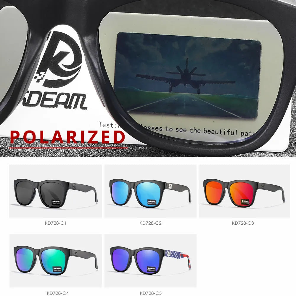 Polarised sunglasses with TAC lenses and PC frame for outdoor UV protection.