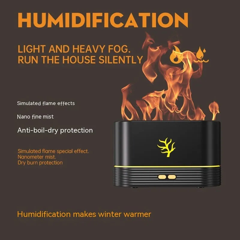 USB flame humidifier with realistic LED fire effect and timing in white colour on a desk