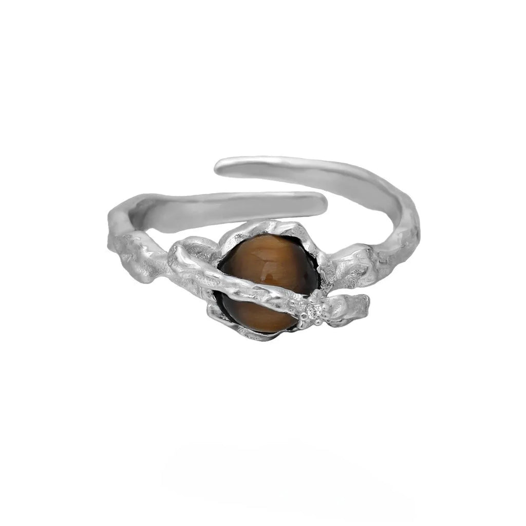 Adjustable Saturn and tigereye open ring in white gold colour electroplated silver