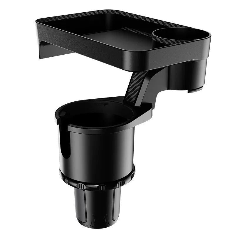Black car cup holder with rotating dinner tray plate showing 360-degree swivel mechanism