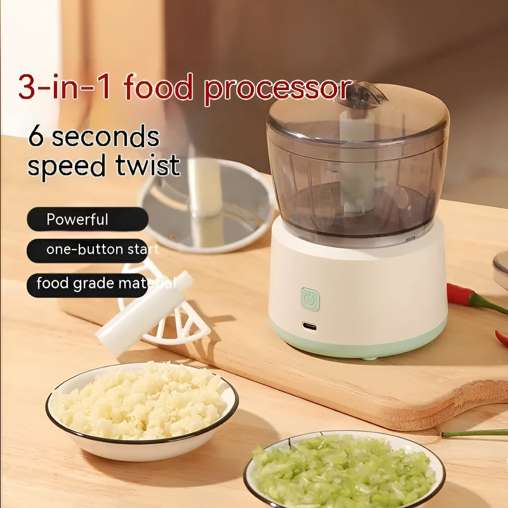 Mini meat grinder with 225ml transparent cup, stainless steel blade, anti-slip base, USB rechargeable, second generation white