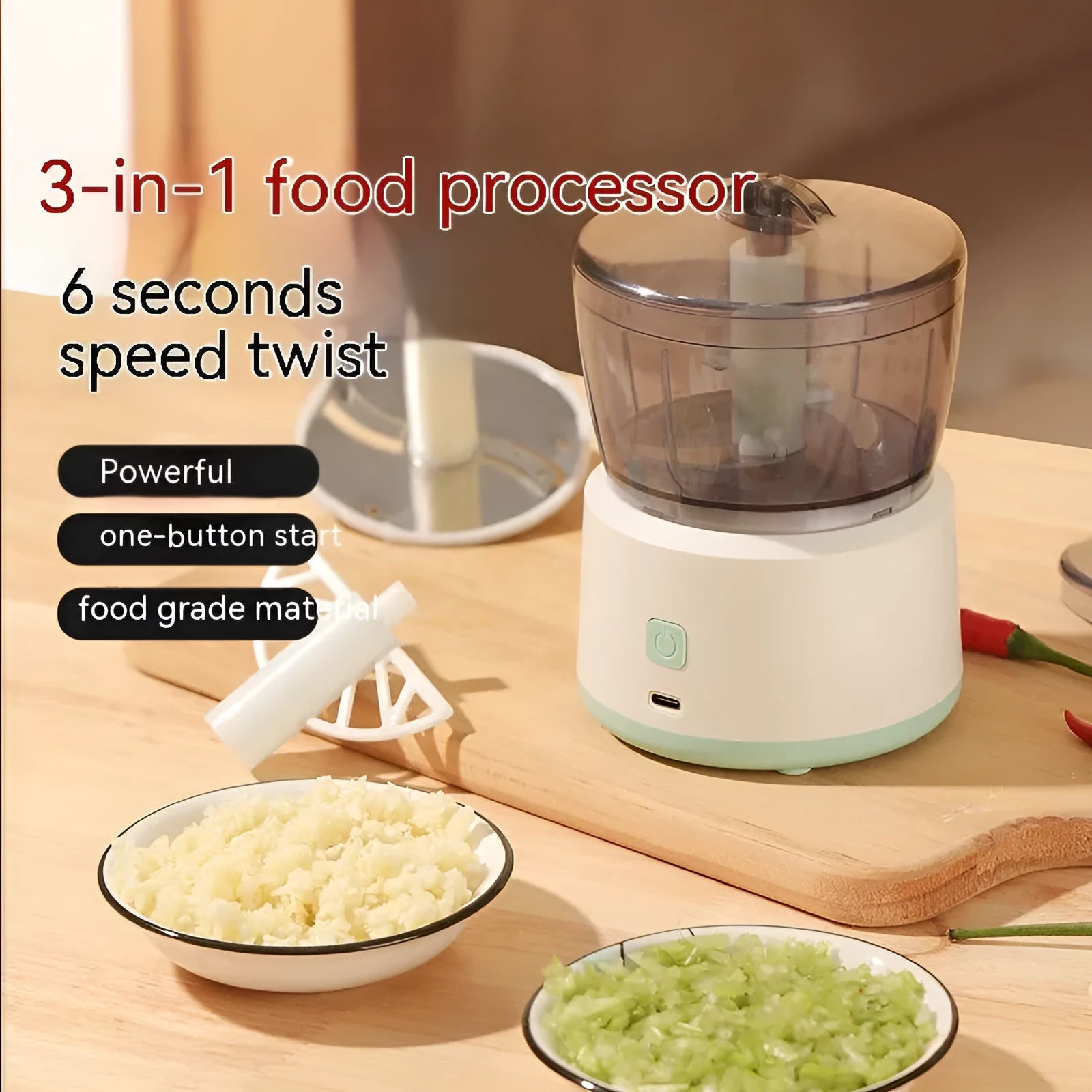 Mini meat grinder with 225ml transparent cup, stainless steel blade, anti-slip base, USB rechargeable, second generation white
