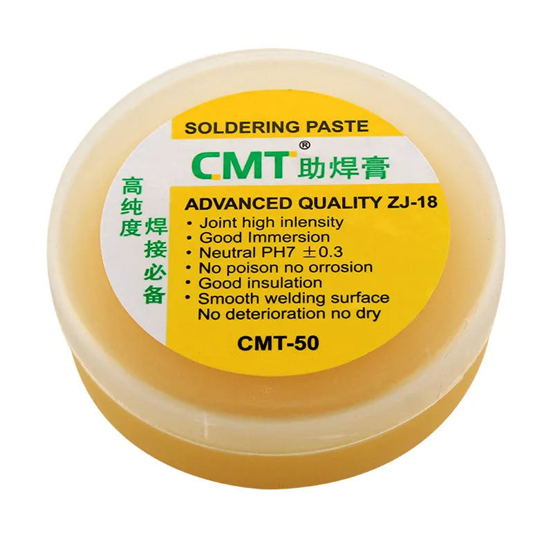High purity rosin soldering flux paste in a sealed plastic pot for electric soldering iron use