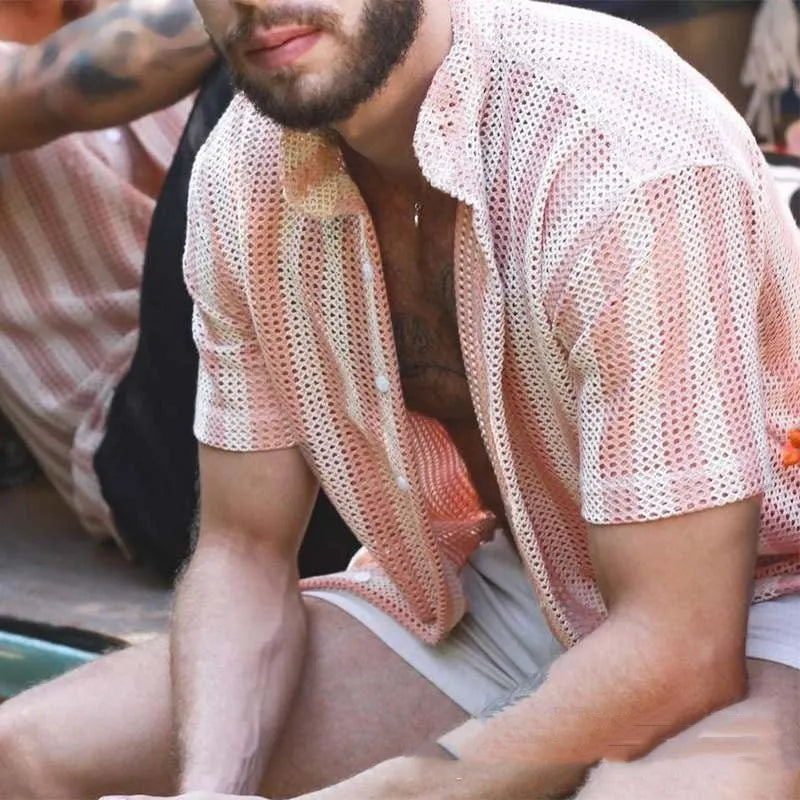 Men's pink waffle texture loose cardigan shirt with short sleeves on hanger