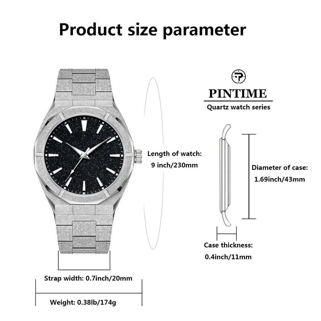 Men's stainless steel business watch with frosted case and luminous markers in black, gold or silver