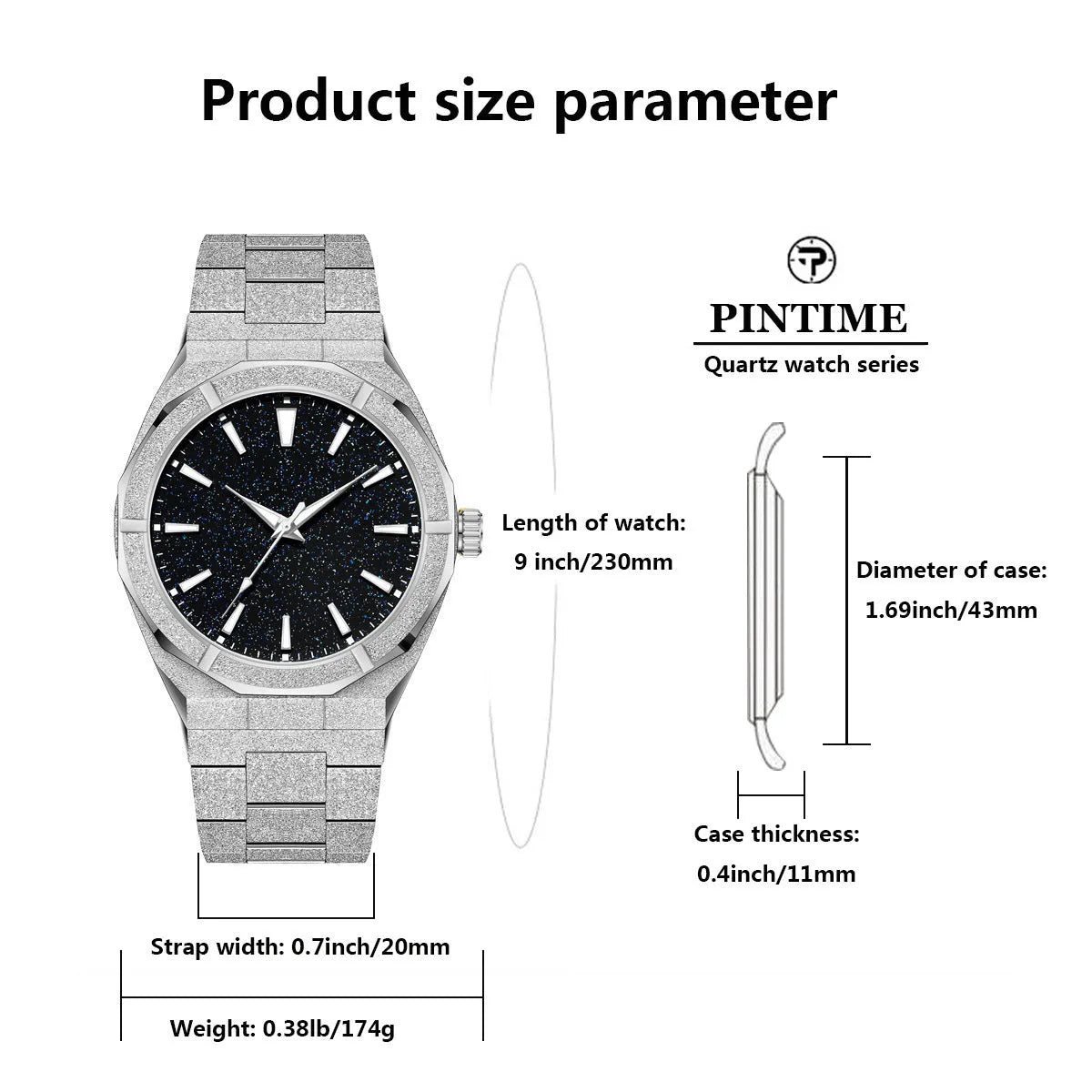 Men's stainless steel business watch with frosted case and luminous markers in black, gold or silver