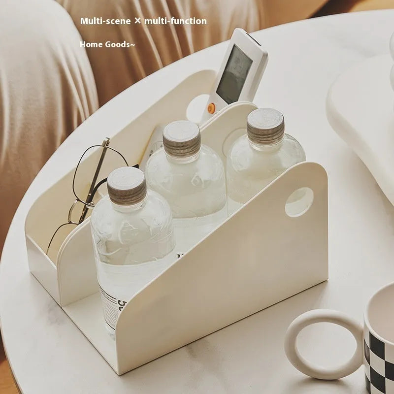 Desktop storage box with two compartments in milk coffee colour, dimensions 14.5x17x22cm