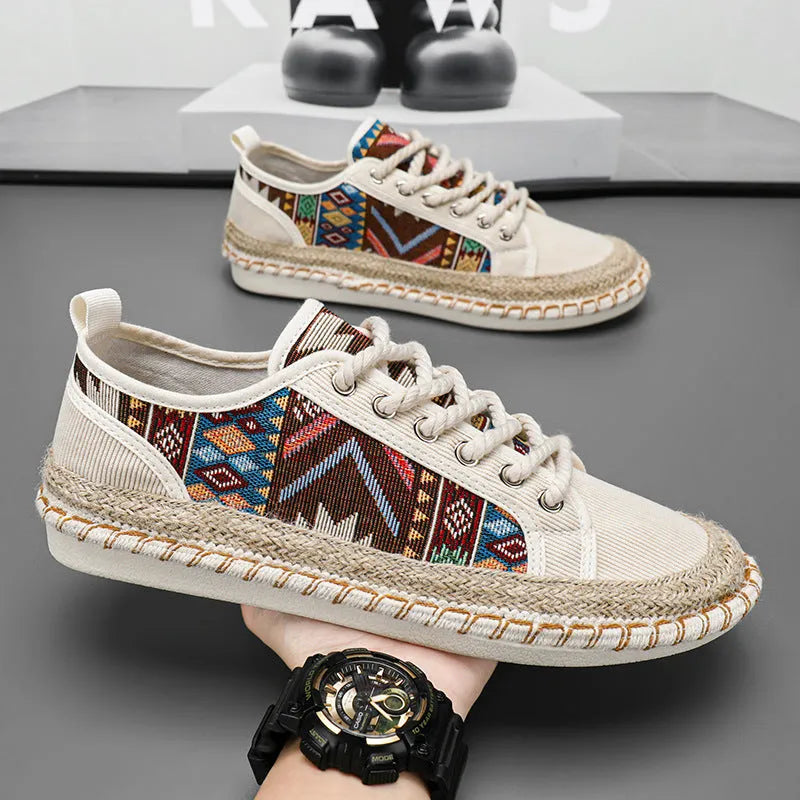 Men's breathable cloth casual shoes in beige with round toe and colour-matched design