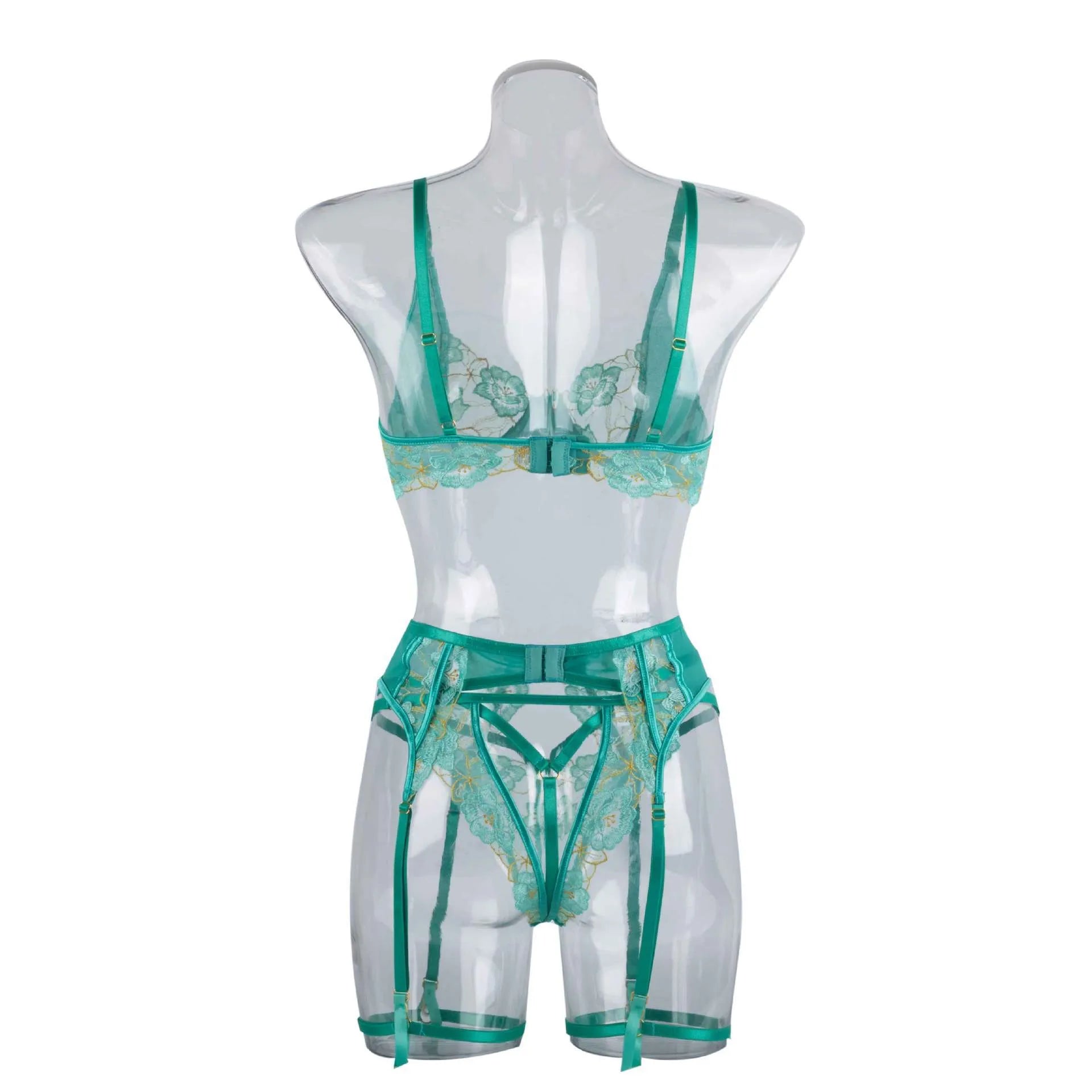 Women's light green polyester embroidered bra set with three-point tights on white background