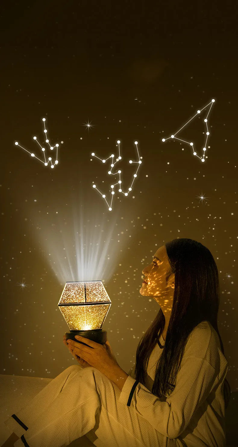 Circular LED rotating stars night light projecting coloured star patterns on wall