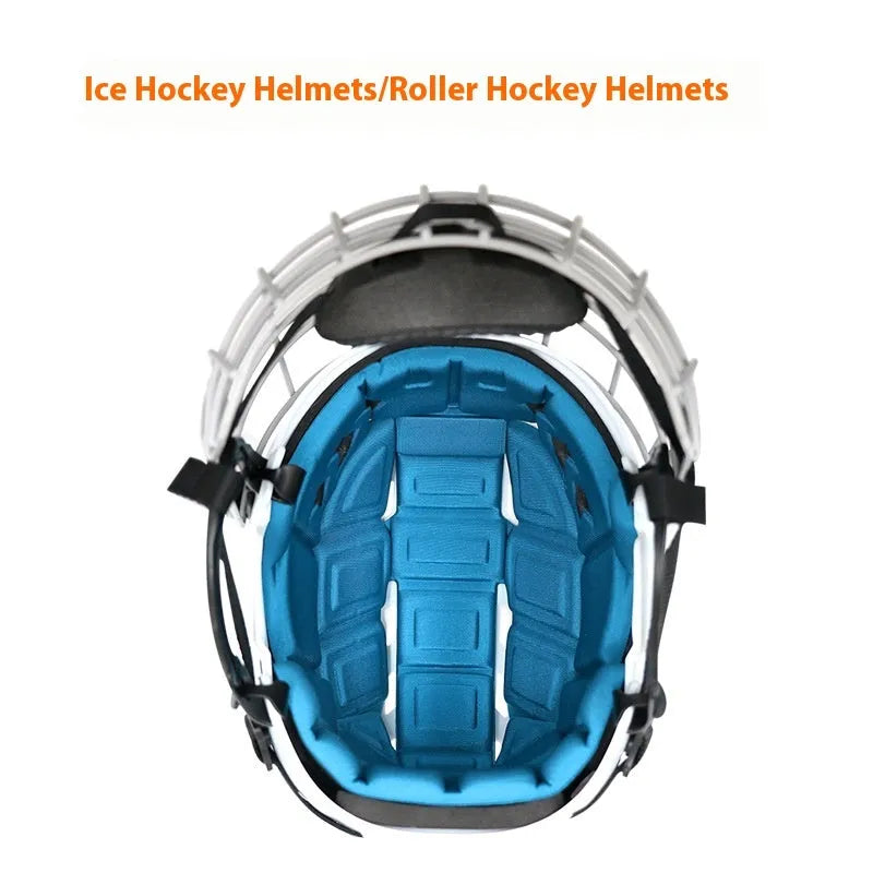 Ice hockey helmet with a carbon steel face mask and black impact-resistant shell.