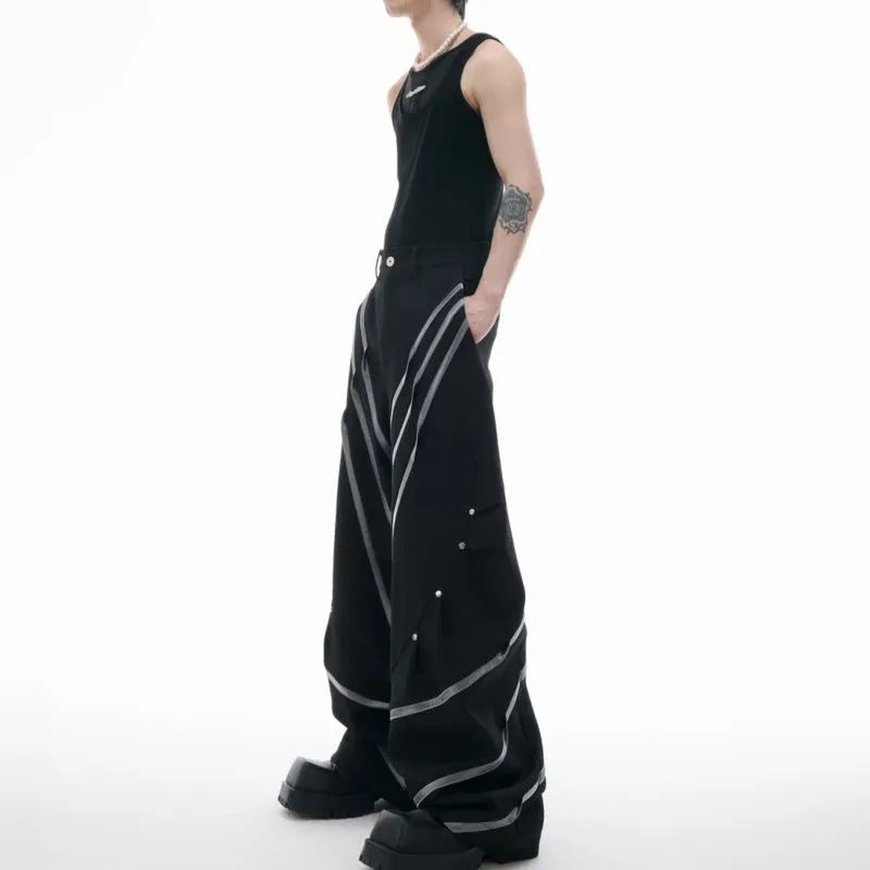 Men's polyester trousers with three-dimensional cutting and metal rivet pleated detailing