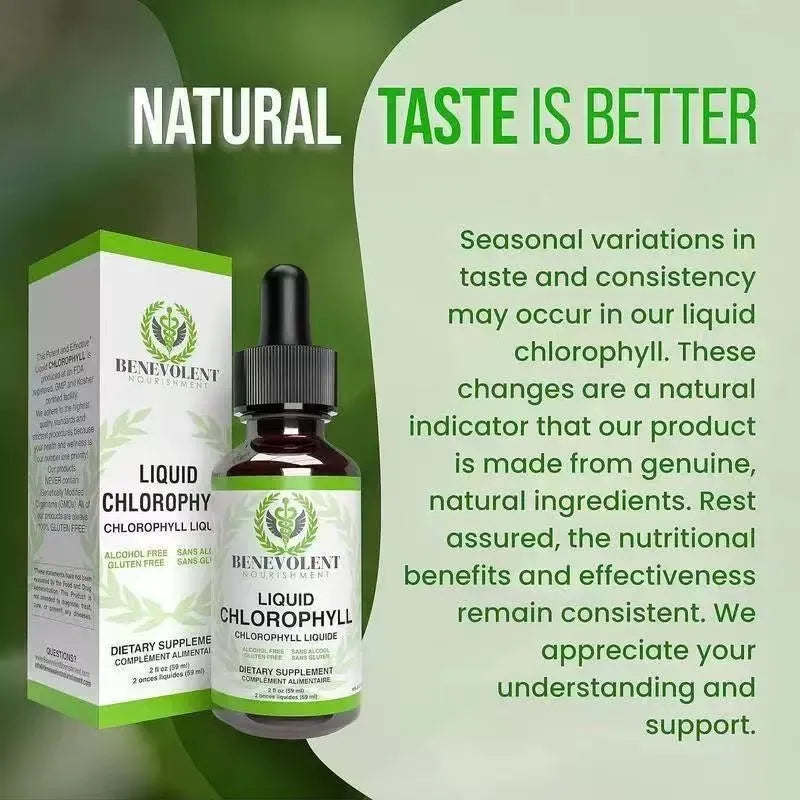 60ml bottle of natural liquid chlorophyll drops for adult intestinal care and internal deodorant use.