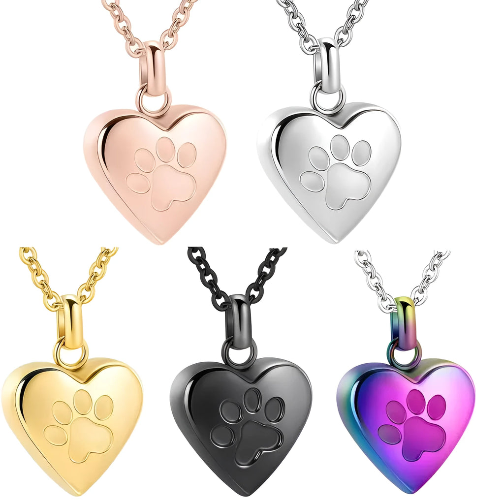 Titanium steel heart pendant necklace with paw print design and opening casket.