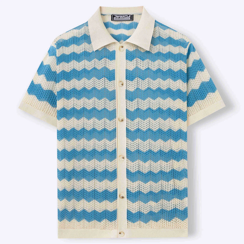 Blue short-sleeve sweater with textured hollow jacquard corrugated pattern and flocking details on a mannequin.
