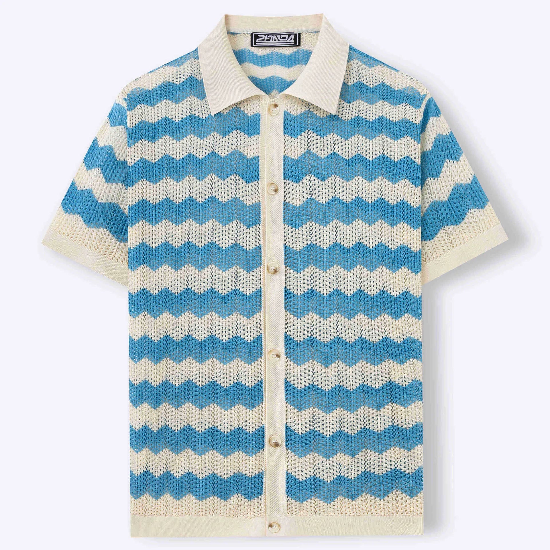 Blue short-sleeve sweater with textured hollow jacquard corrugated pattern and flocking details on a mannequin.
